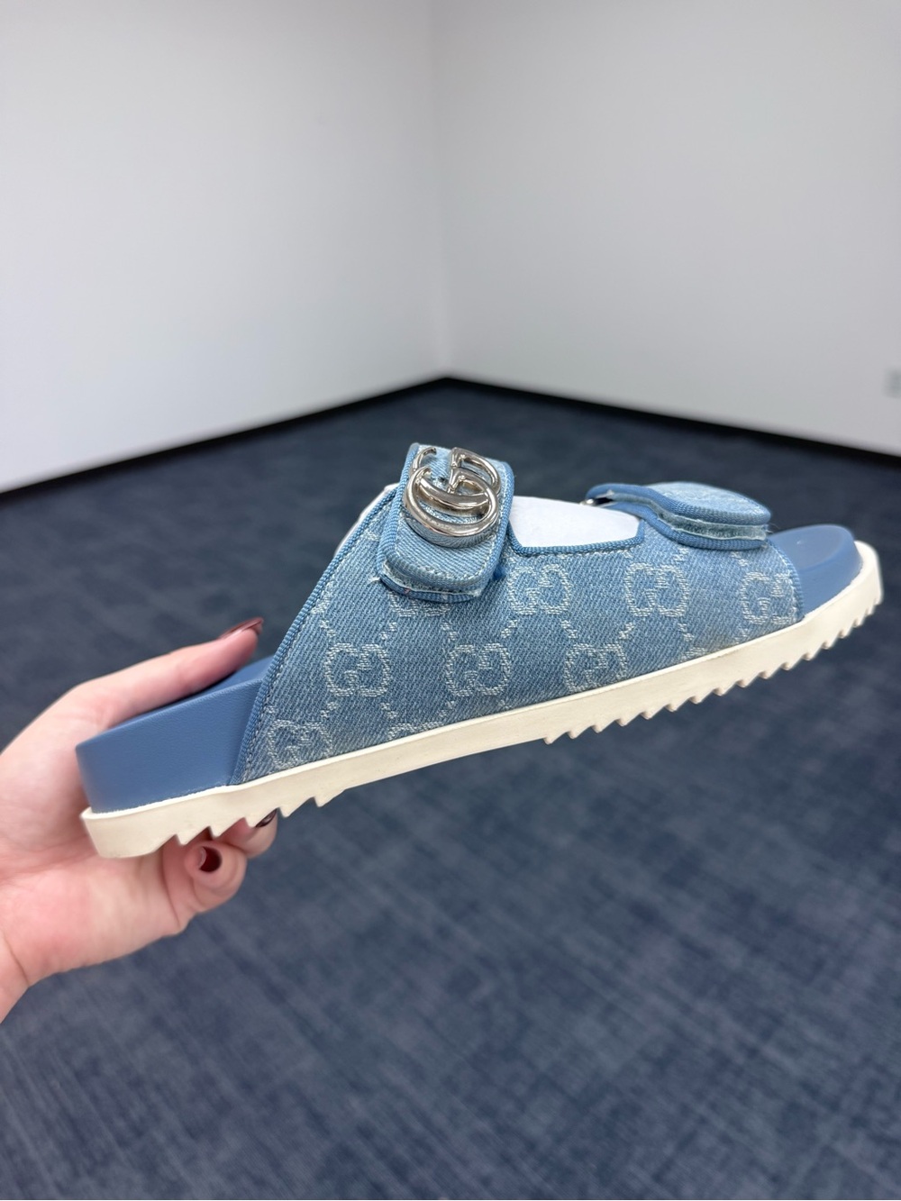 Gucci Light Blue Denim GG Logo Slide with Silver Double G